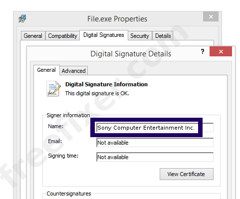 Screenshot of the Sony Computer Entertainment Inc. certificate